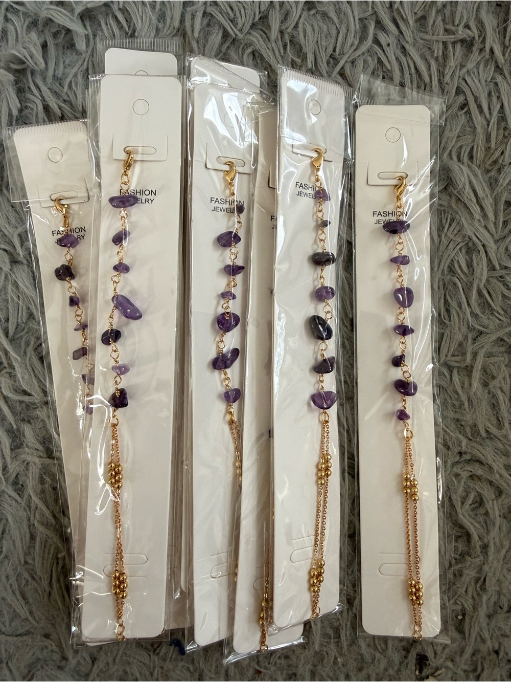 Lot of 10 Fashion Jewelry Gold-Tone bracelets with Purple Stone Beads